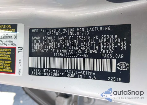 2013 Toyota Avalon Limited from USA, damaged, VIN 4T1BK1EB6DU014465